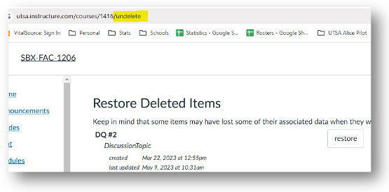 Canvas restore deleted items