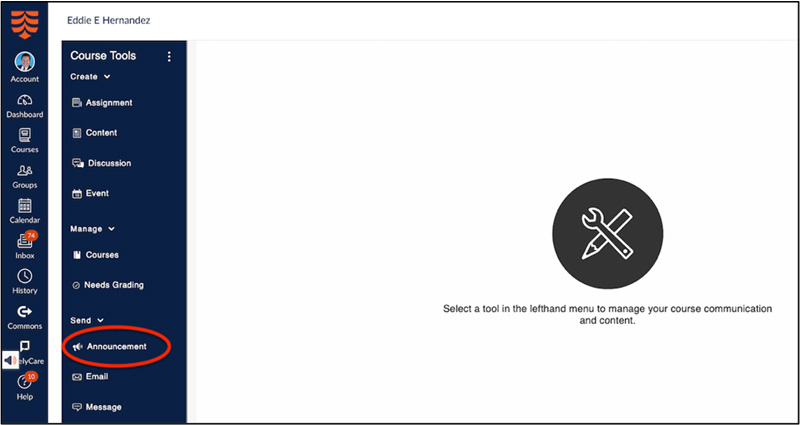 Announcement option on Canvas navigation box