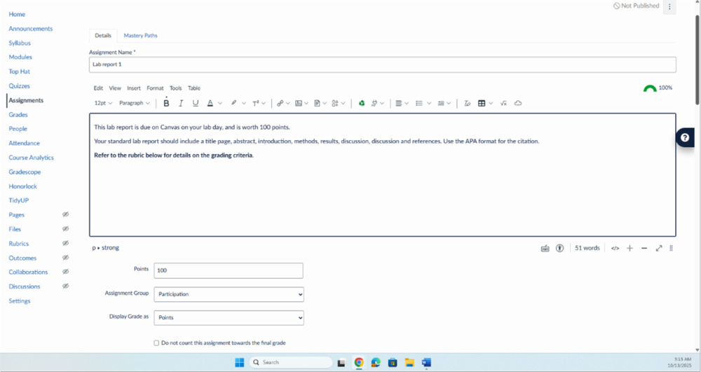 creating a new assignment in Canvas