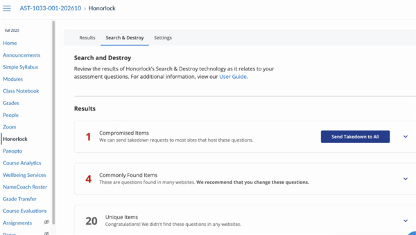 Honorlock Search and Destroy results