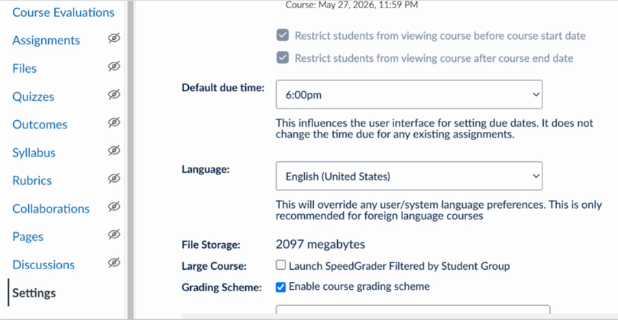 settings tab in Canvas