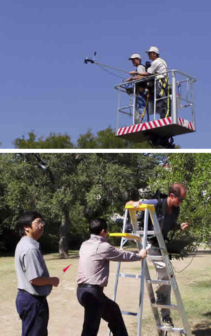 two researchers in cherry picker and three researchers with ladder