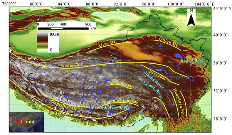map showing location of Tibetan Plateau, major mountain ranges, and largest rivers 