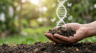 hand holding dirt and double helix