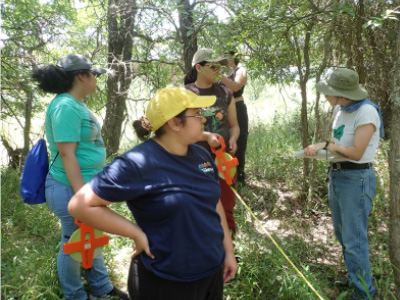 students standing among trees