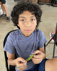 camper holding a leaf with a caterpillar