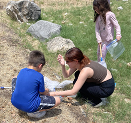 camper examining insects in net