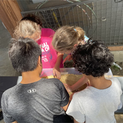 campers working with sand to create rivers