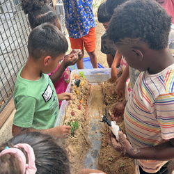 campers working with sand to create rivers