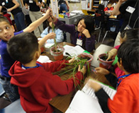 students planting in pots